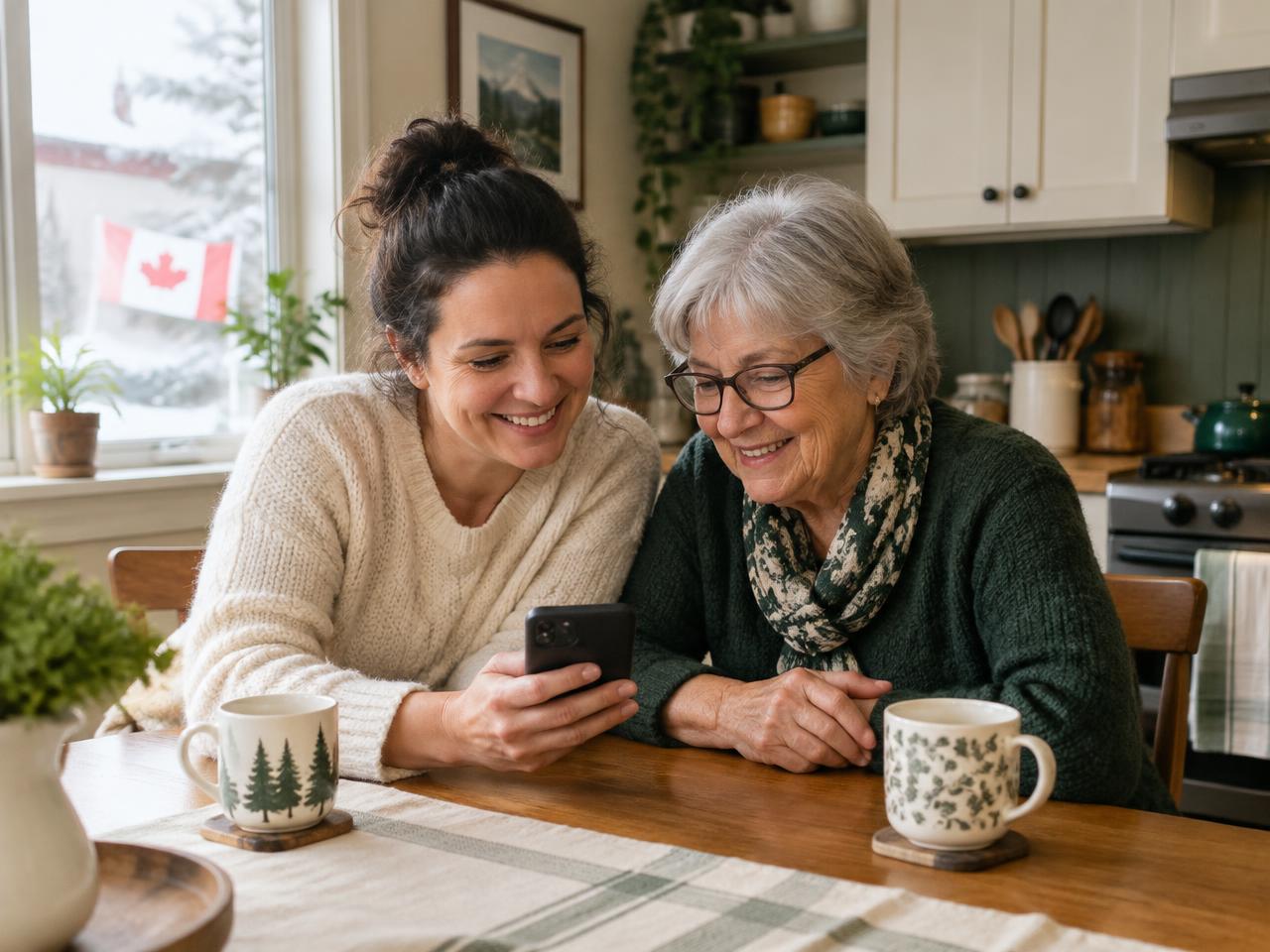 A parent and a grandparent at the kitchen table, looking at a phone together